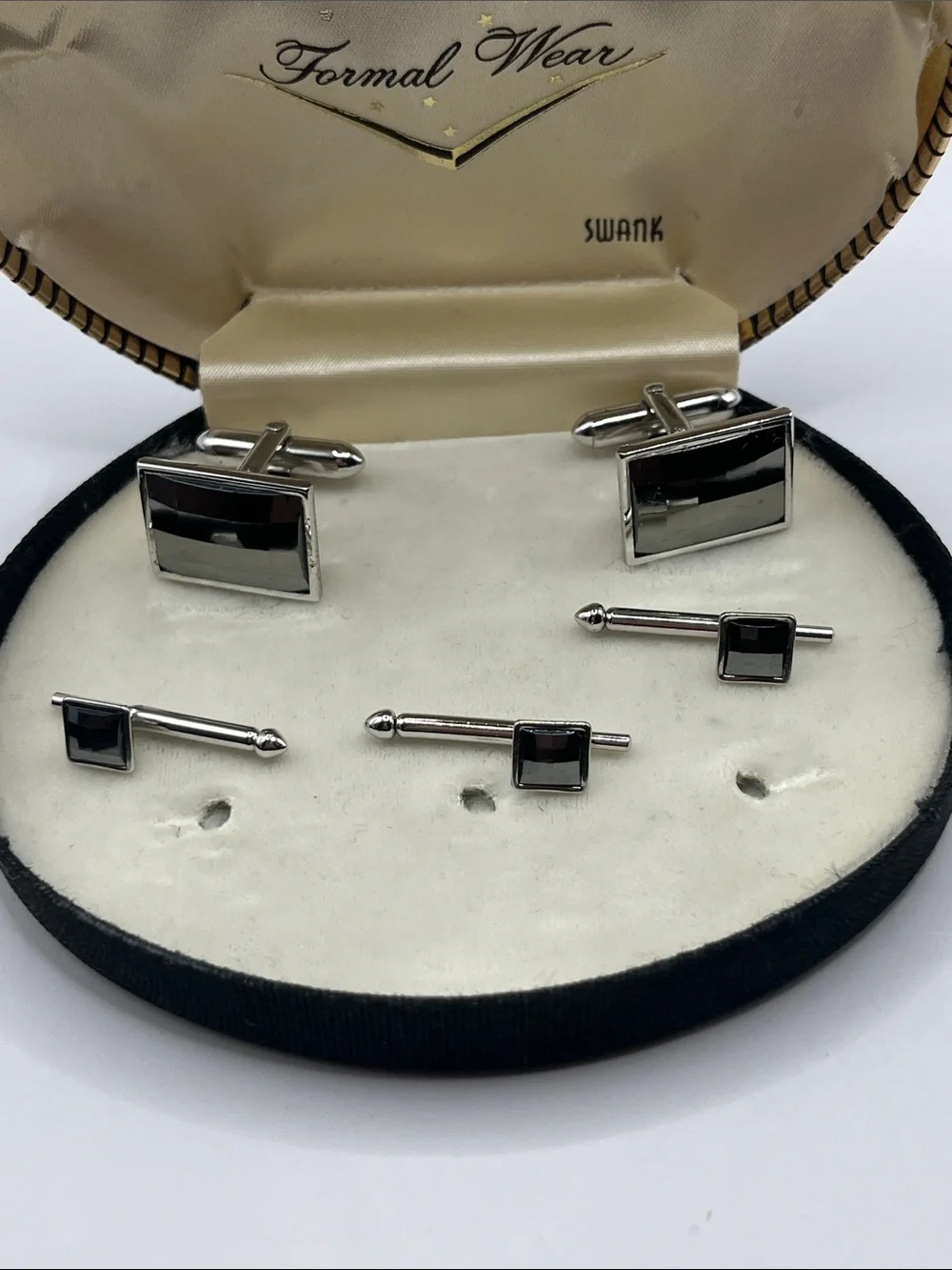 SWANK Black and Silver Rectangular Cufflinks with Matching Studs